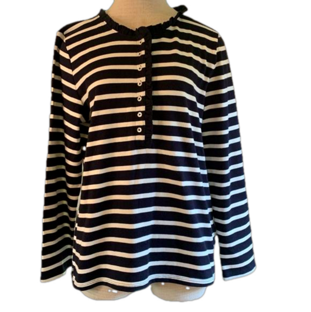 Talbots sz L blue and white striped long sleeve top with ruffle collar